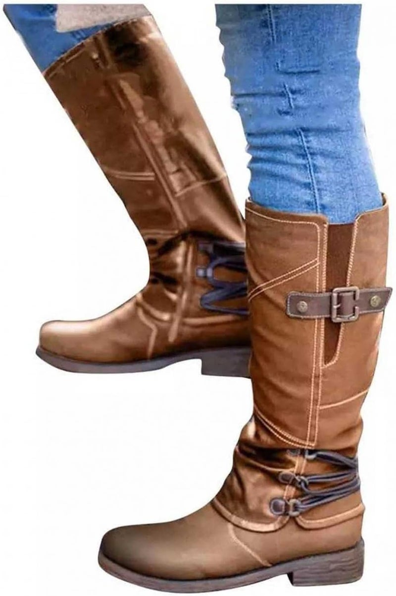 woobles Women's Vintage Leather Zipper High Snow Boots, Fashion Large Size Boots Women Autumn Long Tube Zipper Low Heeled Shoes Boots Pointed Boots Knight Boots - Image 5